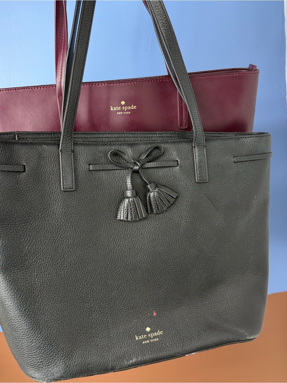 Kate Spade Bundle of Two Leather Tote Bags Black and Burgundy